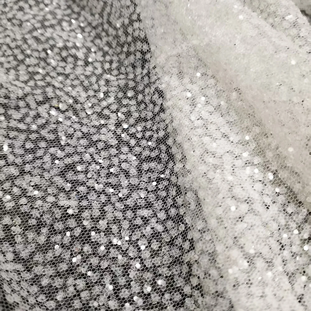 French White Wedding Dress Glue Printed Sequin Mesh Fabric Glitter Snow Silver Transparent Prom Dresses Net Fabric Fashion