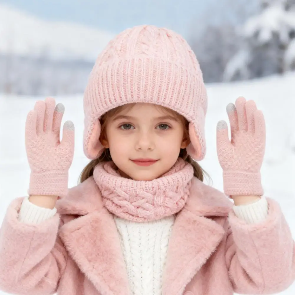 ชุดถุงมือผ้าพันคอหมวกฤดูหนาวสำหรับเด็ก 3 ชิ้น - ผิวสัมผัสบิดเกลียวสีสันสดใสพร้อมซับในผ้ากำมะหยี่หนา อุปกรณ์เสริมถักนิตติ้งที่ให้ความอบอุ่น
