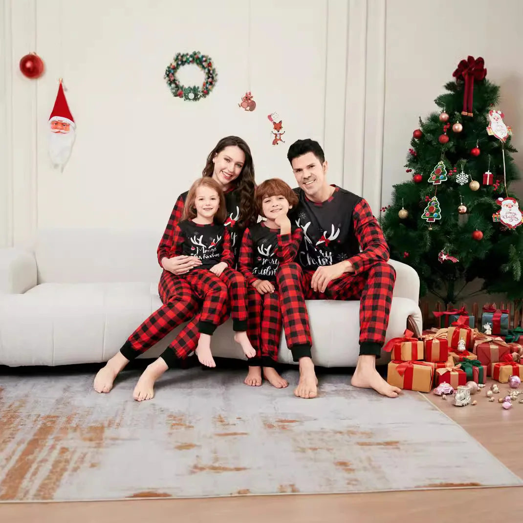 Christmas  antlers printed red and black plaid long sleeve pants combination family set