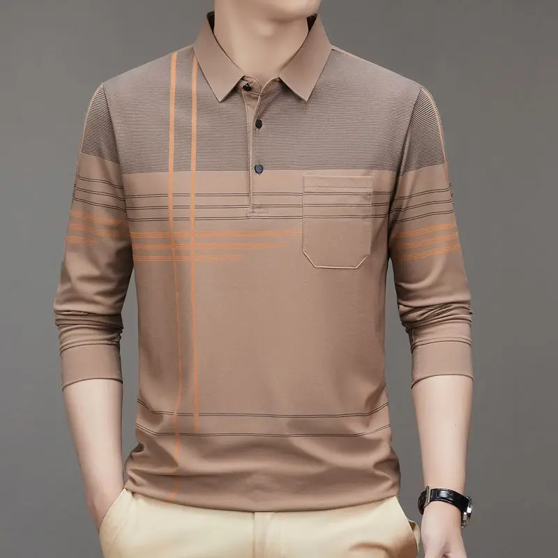 

Мужская хлопковая рубашка-поло с длинным рукавом и карманом, модный классический весенне-осенний новый повседневный свободный топ