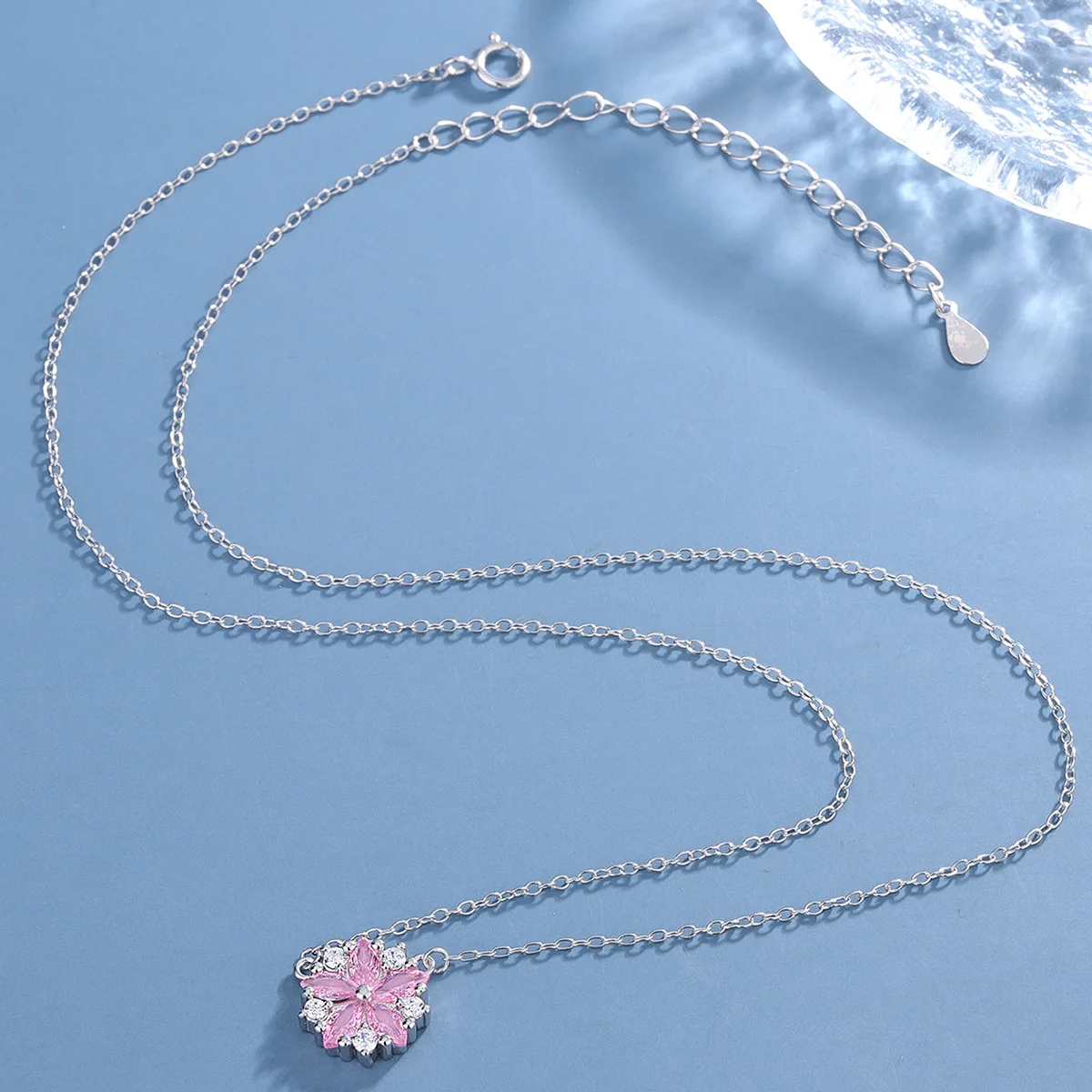 

S925 Sterling Silver Cute Elegant Cherry Blossom Pink Necklace Fashion Zircon Petal Micro Inlay Clavicle Chain