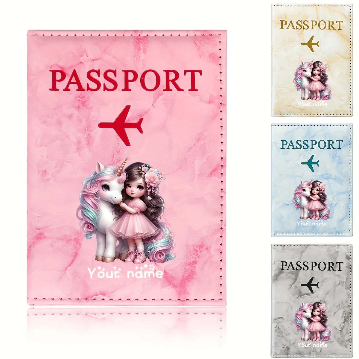 

Custom Unicorn Holding Hands with Girl Illustration PU Passport Holder, Golden Airplane Icon, Travel Wallet with Card Slot