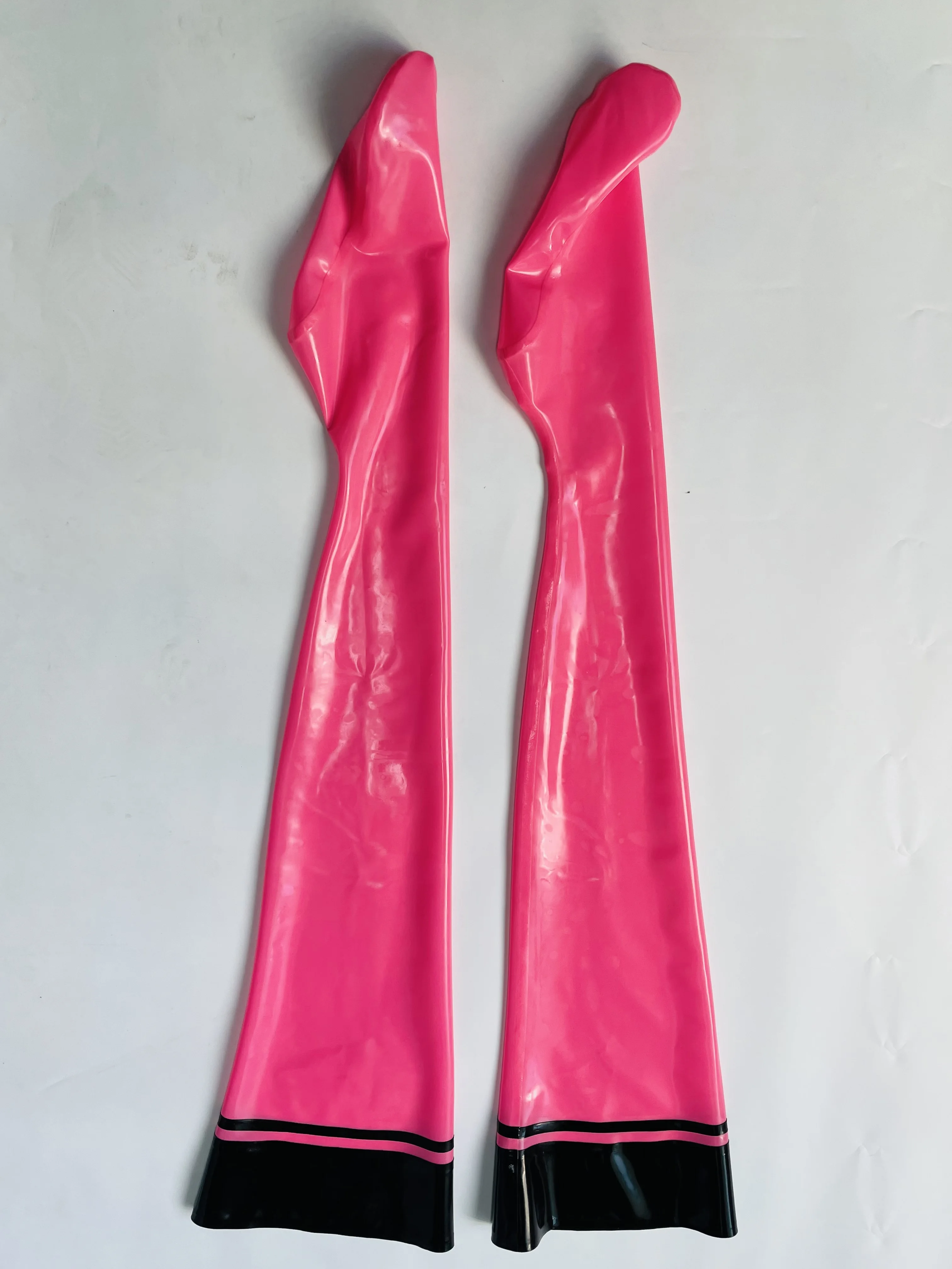 Розовые латексные чулки-гумки с черной отделкой, длинные чулки до бедра 0,4