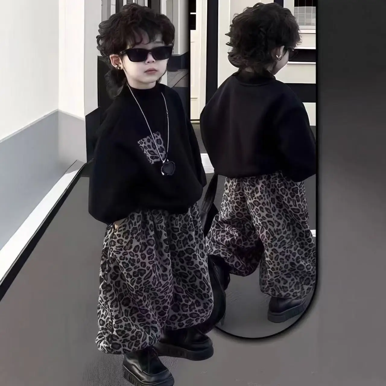 

Boys Children Clothes Spring Autumn Kid Fashion Black Sportswear Coat + Leopard Print Pants 2Pcs Set Streetwear Handsome Suit