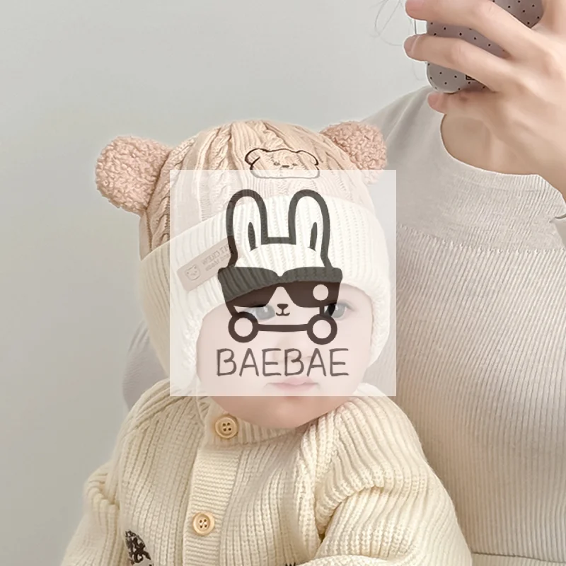 Cute Bear Knitted Baby Hats Warm Fall Winter Beanies For Infant Boys Girls Kids Ear Protection Caps Solid Hair Accessories