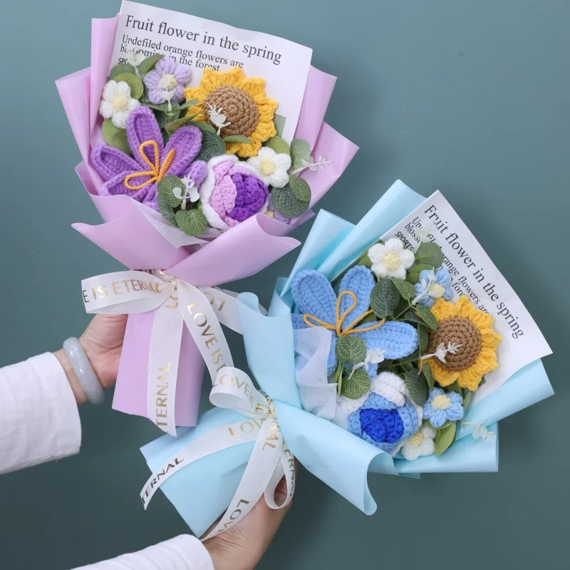 造花ローズひまわりチューリップ装飾かぎ針編みニットウール織完成花束誕生日バレンタインデーギフト