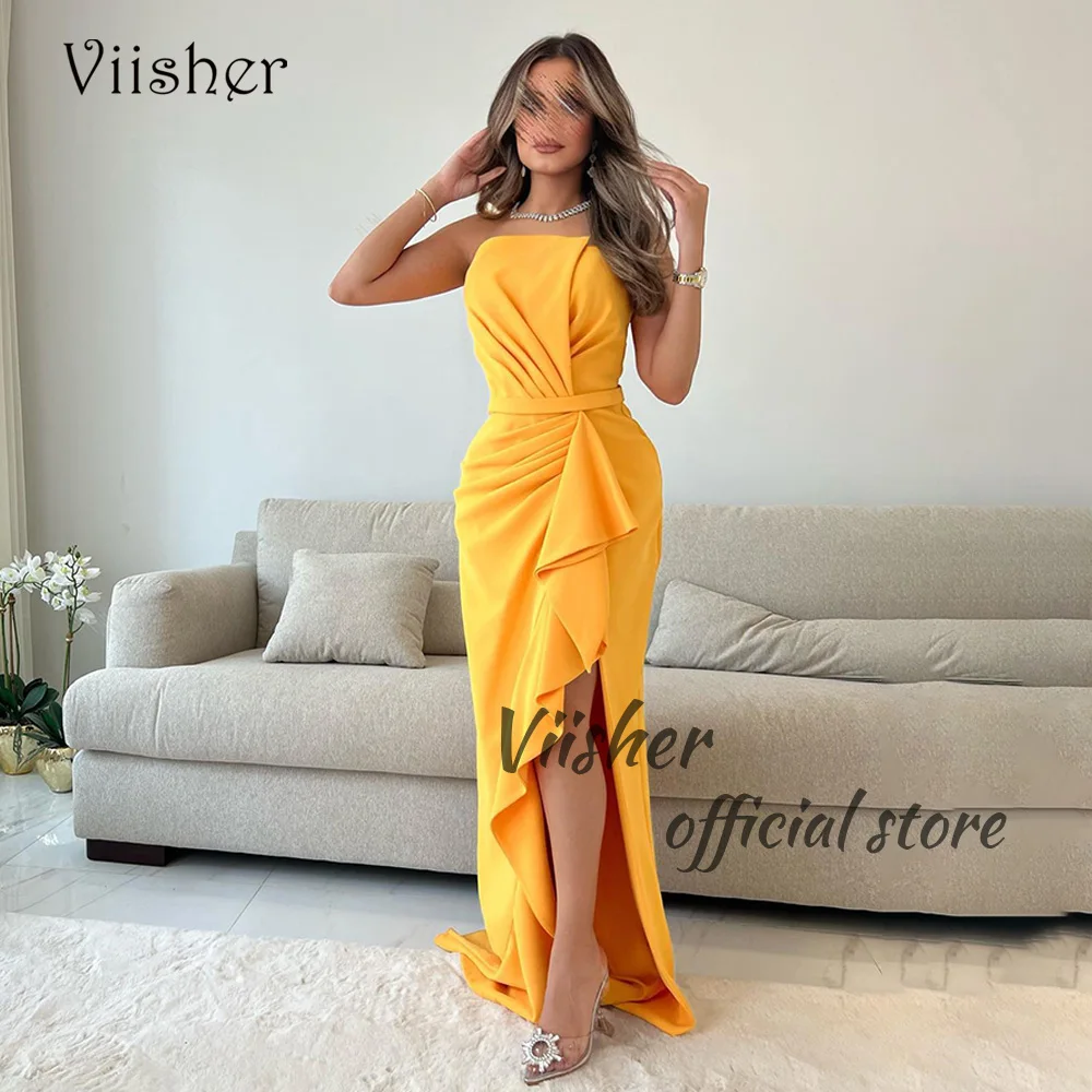 

Viisher Yellow Mermaid Evening Dresses Pleats Satin Strapless Prom Party Dresses with Slit Dubai Arabic Formal Evening Gowns