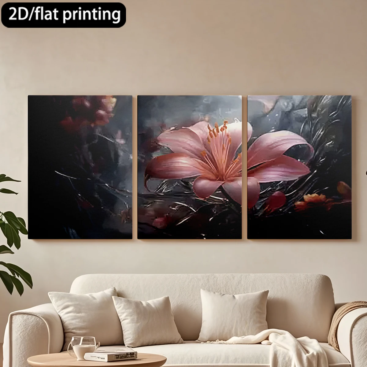 

Декоративная картина на холсте с тремя панелями: Эфирный розовый цветок, загадочная обстановка.
