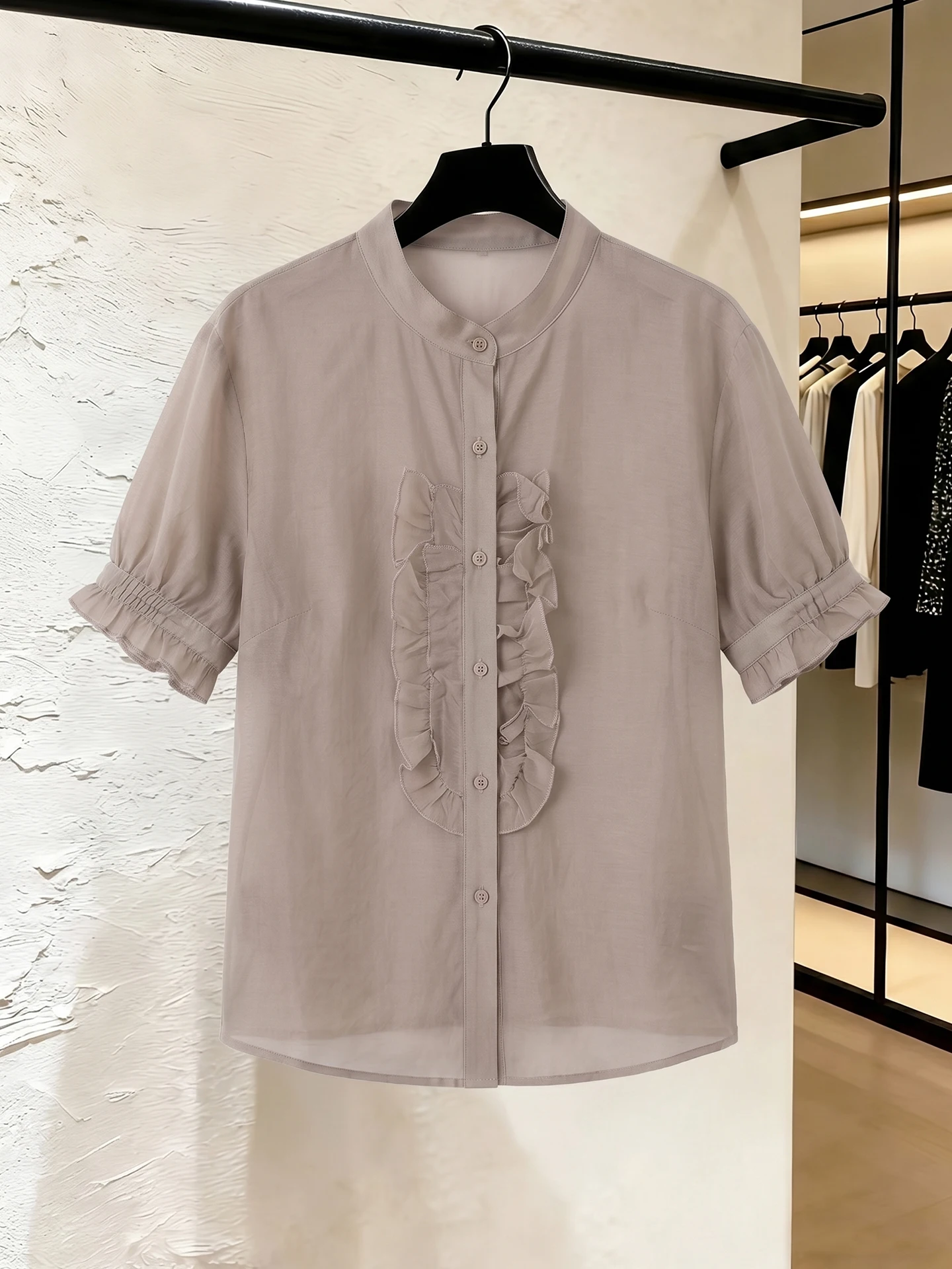 

Korean Style Commuter Pure Color Short Sleeve Shirt Lace Design Single Button Summer Unique Exquisite Top Women's Fashion