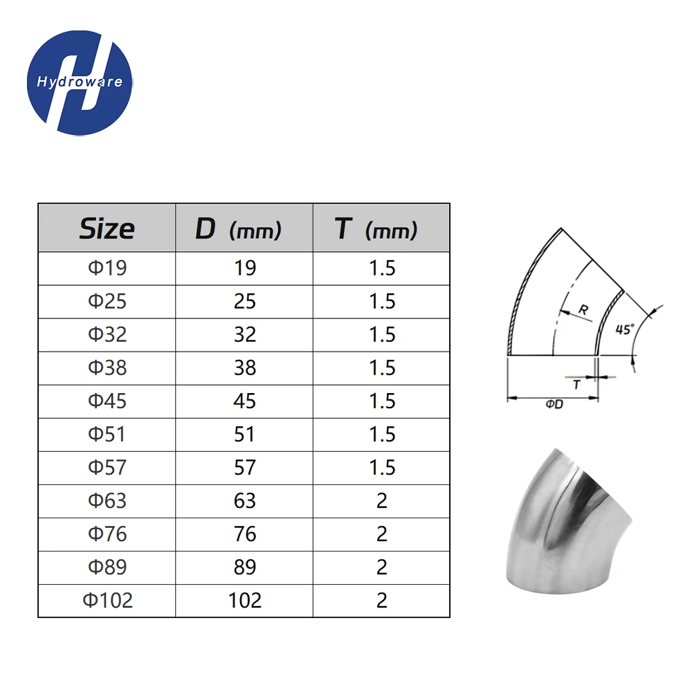 Sanitary 304 316L SS 45° Butt Weld Elbow 19 25 32 38 51 63 76 102mm Mirror Polished Food Grade Seamless Leakproof Pipe Fitting