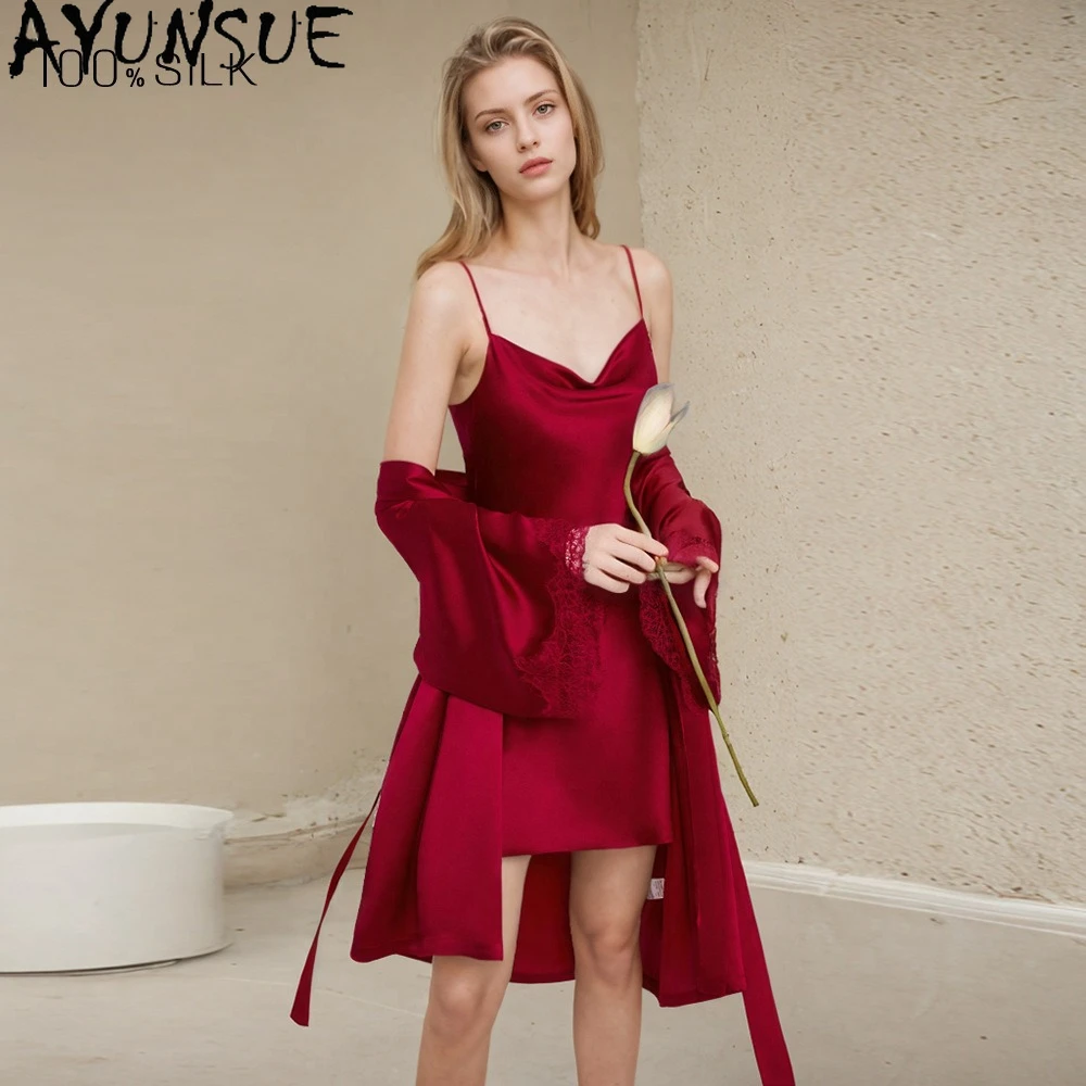 

AYUNSUE 100% Real Mulberry Silk Robes for Women Spring Summer Rabes 2026 Women's Home Clothes 16MM Silk Morning Robe Lace-up