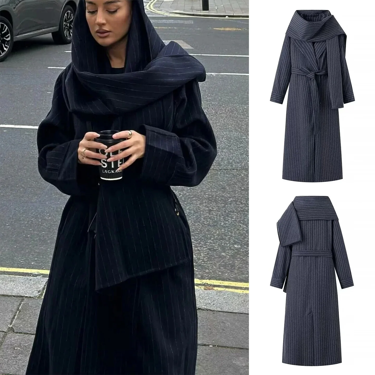 

Новое зимнее женское повседневное пальто с шарфом в полоску и поясом средней длины, ветровка с узлом и галстуком, полиэфирное волокно