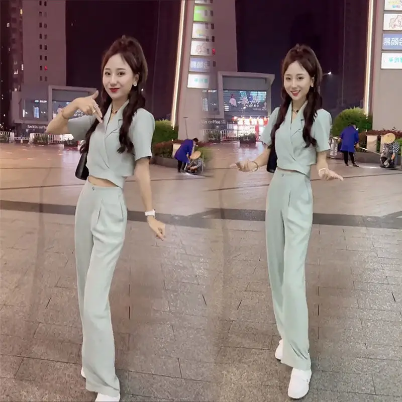 Spring and Summer New Temperament High-end Fashion Set Short Design Suit French Wide Leg Pants Age Reducing Two-piece Set