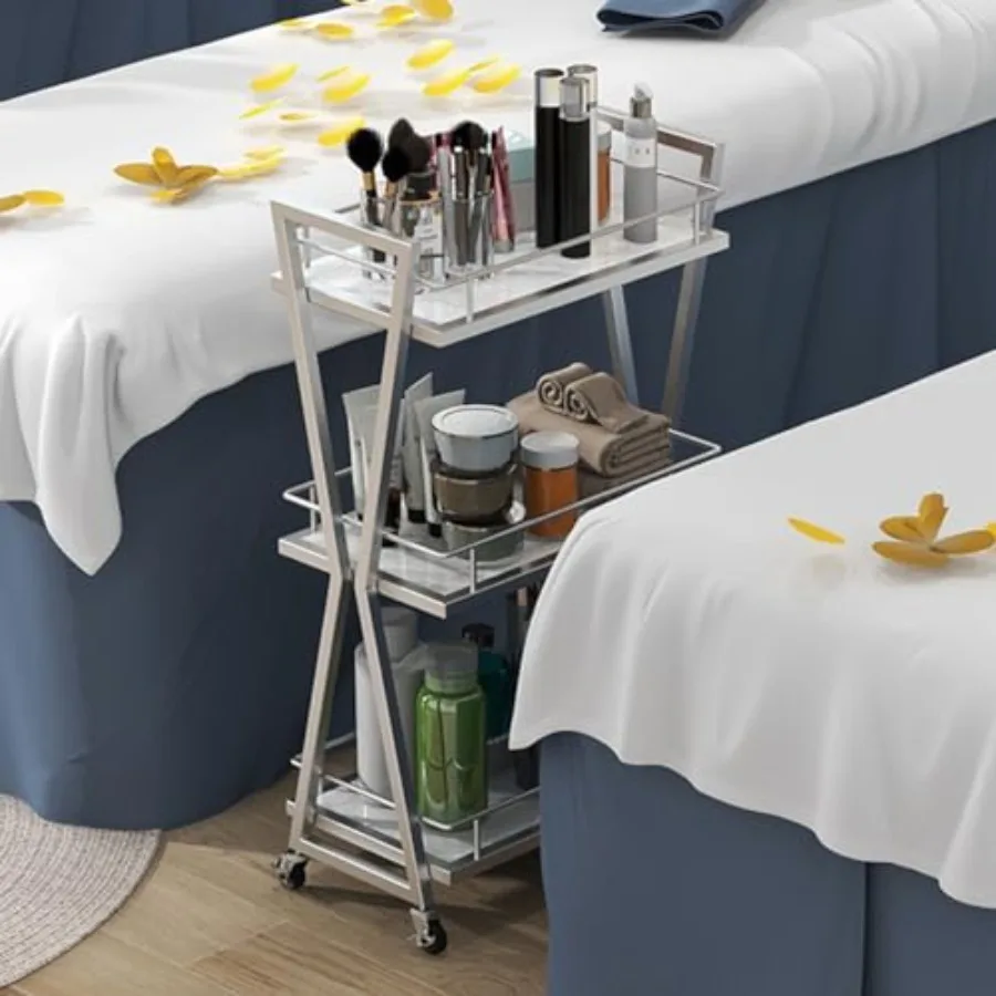 

Storage Rolling Cart 3 Tier Mobile Shelving for Beauty/Clinics/Hospitals, Rolling Barber Cart with Wheels, Slide Out Storage Tr