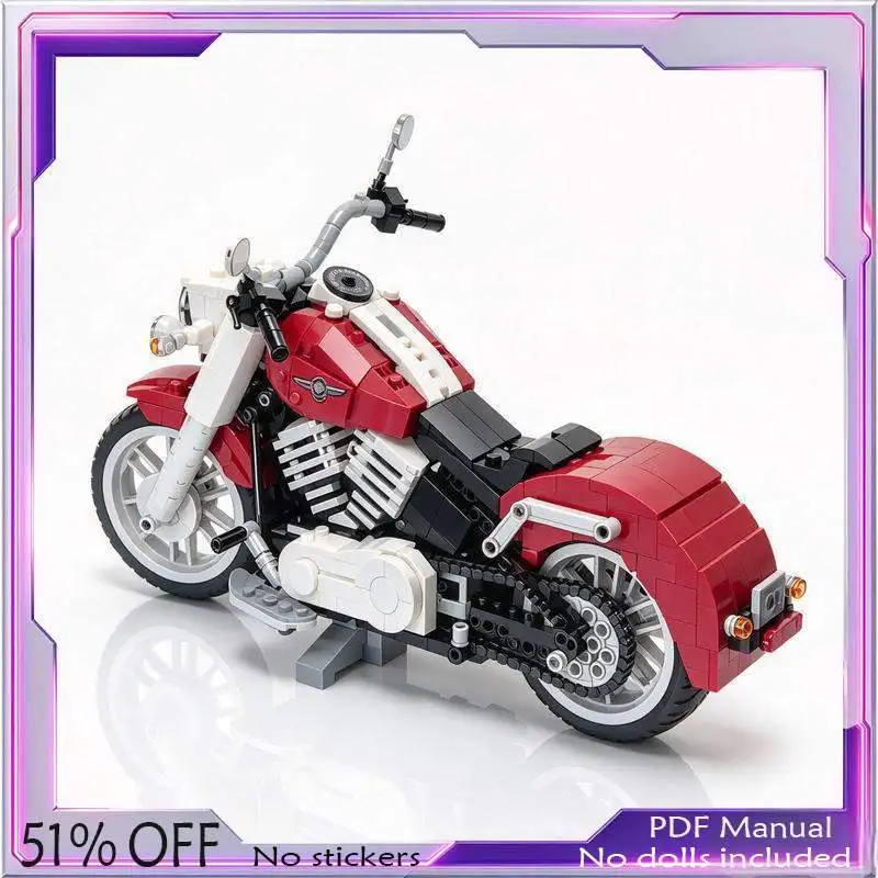 89PCS MOC Classic Red American Cruiser Chopper Motorcycle Building Blocks Model Custom Puzzle DIY Assembly Vehicle Toy Gift