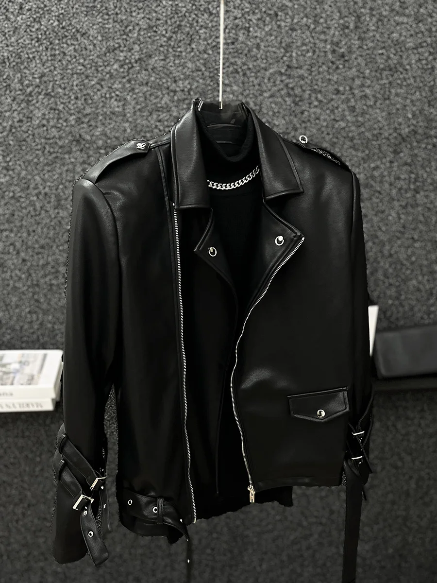 High-end Leather Jackets Men's 2024 Autumn Winter Trendy Men's Zipper Handsome Coats Shoulder Padded Locomotive Leather Jacket