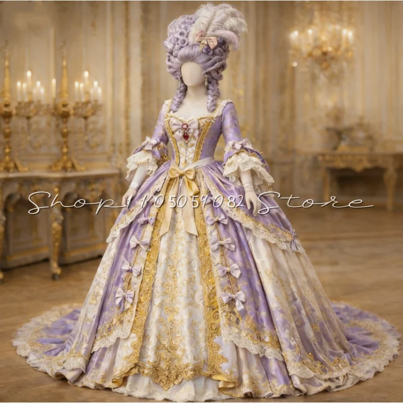 

Индивидуальный пошив: роскошное фиолетовое викторианское винтажное бальное платье с квадратным вырезом, в стиле барокко, с рукавами до локтя, кружевной отделкой и бантом, фасон А-силуэт, для вечерних мероприятий