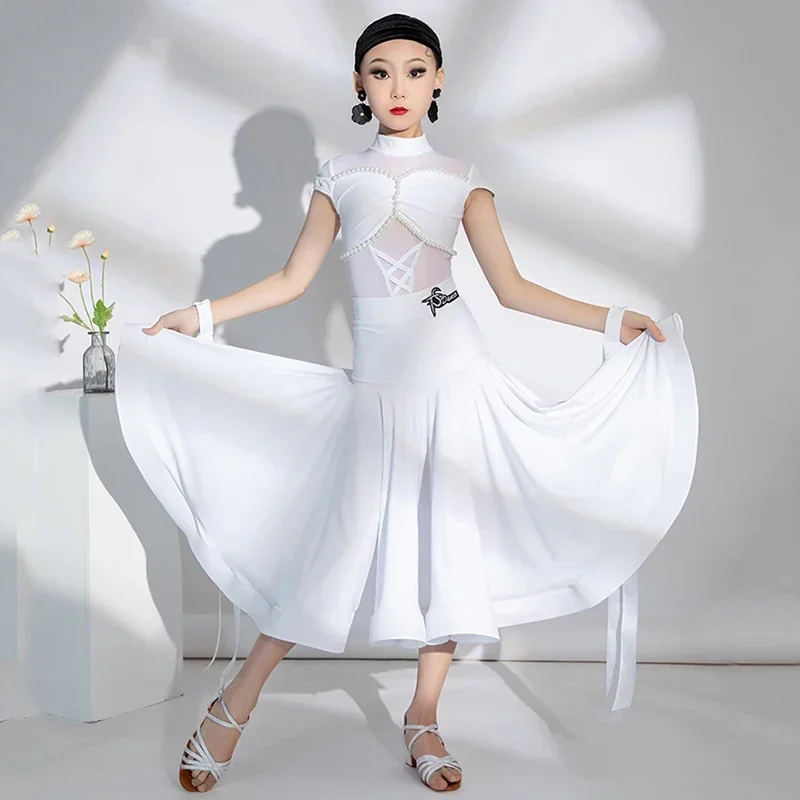 

Children Modern Dance Split Skirt Fashion Pearl National Standard Big Swing Skirt Kids Girls Special Competition Costume
