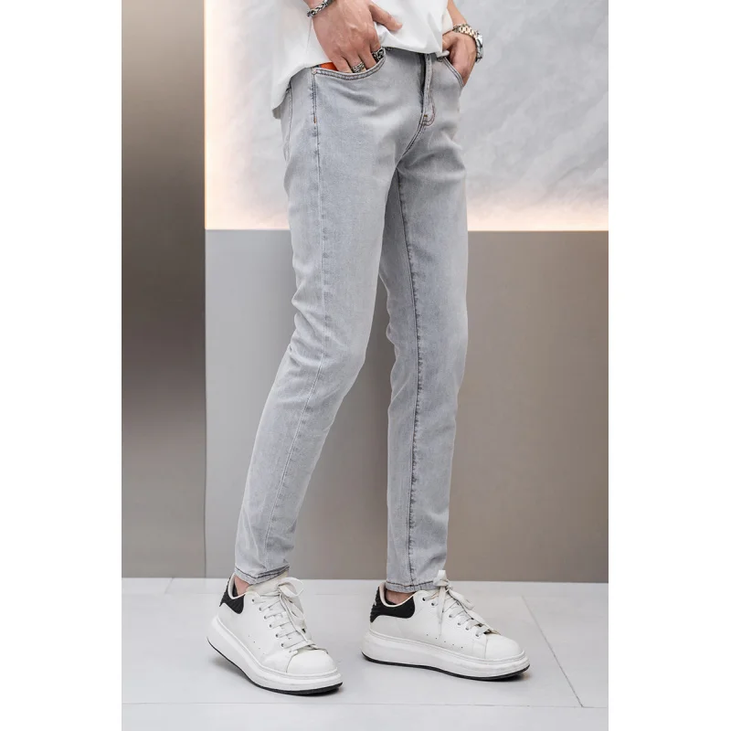 Light Gray Summer Jeans Men's Fashionable Simple High-End Quality Men's Stretch Slim Thin Light Luxury Trousers