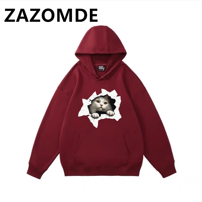 

ZAZOMDE New Cute Cat Print Hooded Drawstring Pullover Sweatshirt Top Man Warm Hoodie Autumn Winter Hip Hop Streetwear Hoody Men