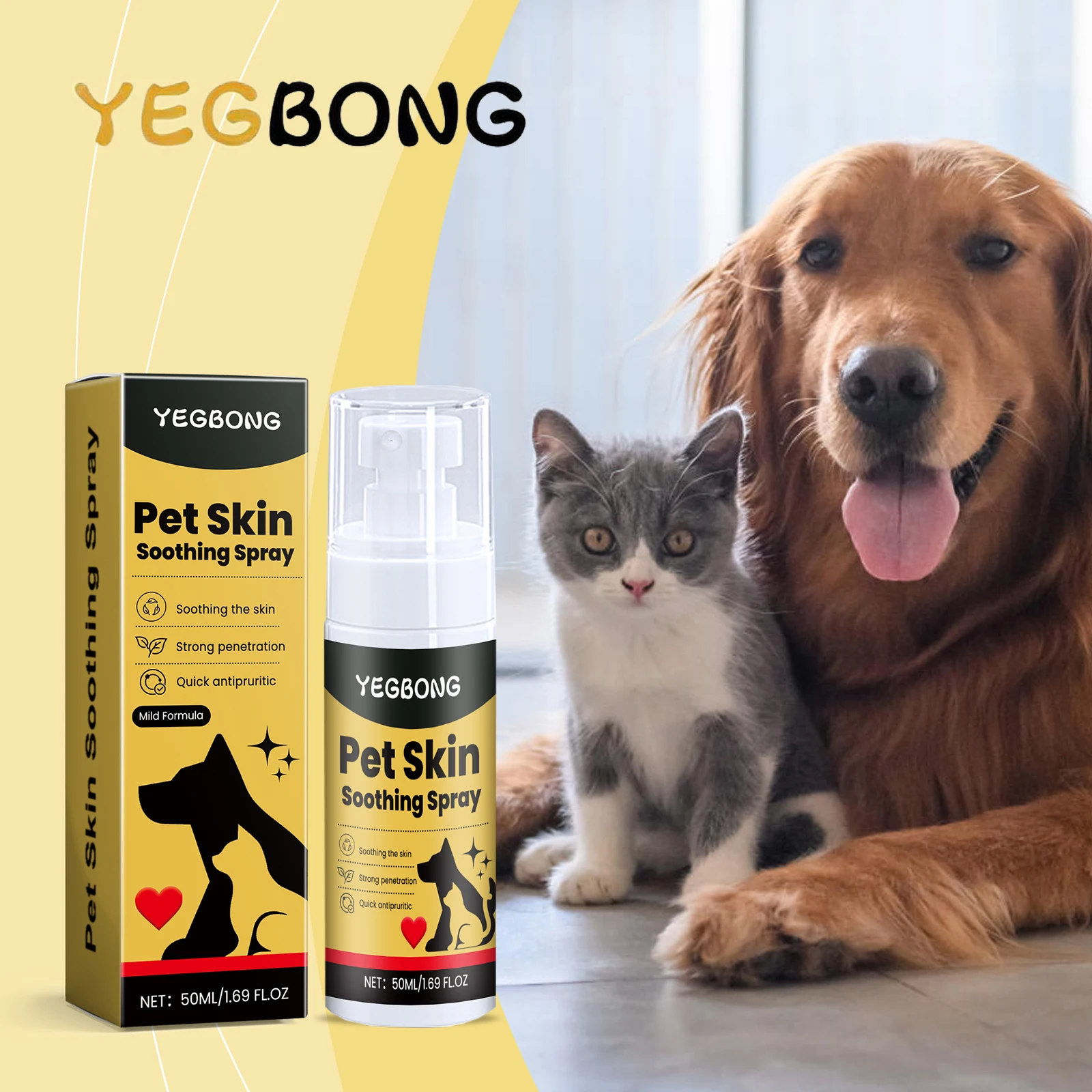 YEGBONG 50ml Spray para el cuidado de la piel de mascotas fórmula suave calmante alivio de la molestia veterinario recomendado para perros gatos todas las razas uso diario