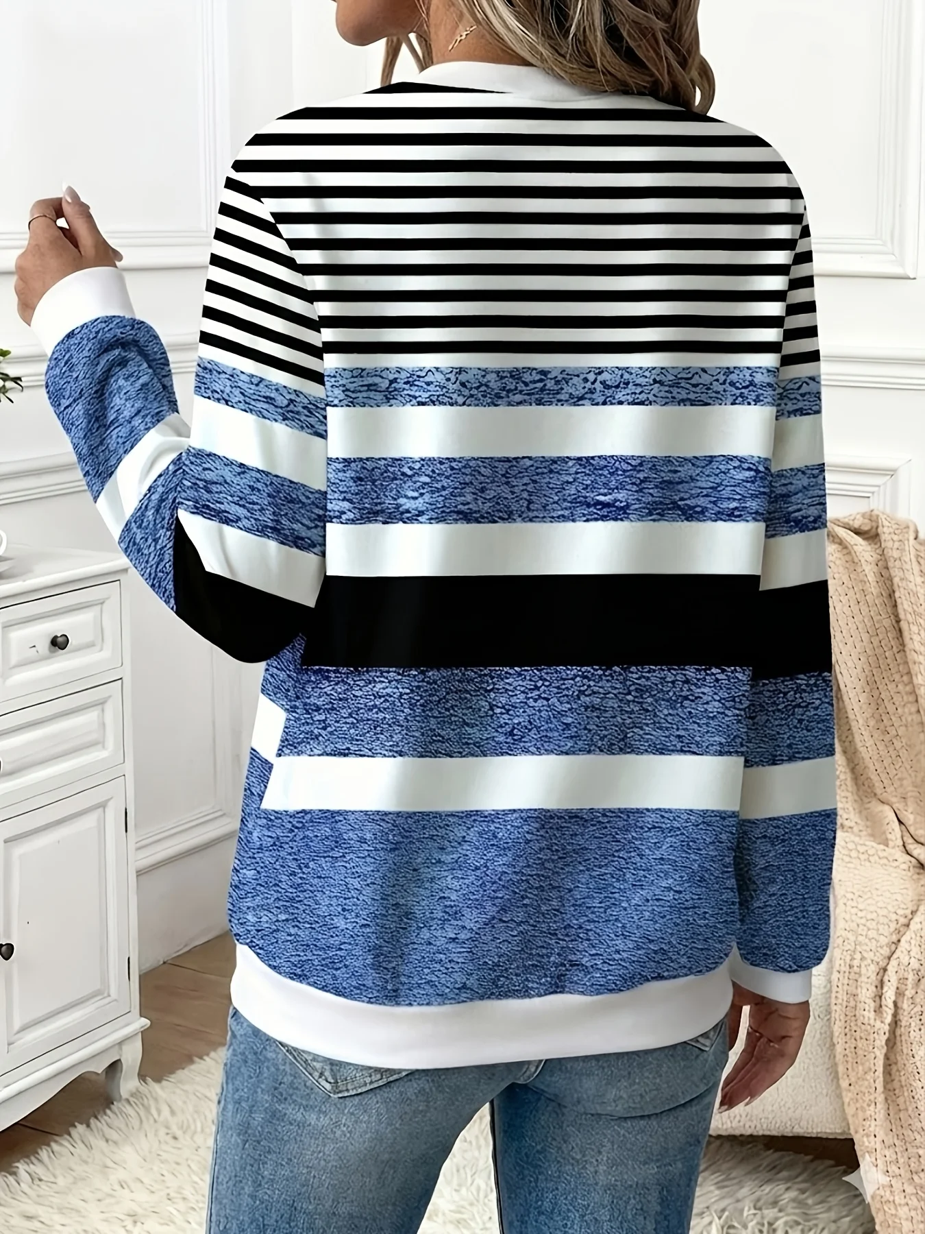 Damen-Sweatshirt mit Reißverschluss und Streifenmuster in Übergröße, langärmlig, für lässigen Komfort und Stil – Detail 6