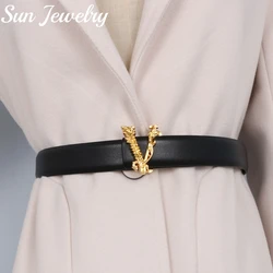 Width 3CM Genuine Leather Metal V Buckle Belt Fashion New High Quality Belt Classic Luxury Windbreaker Corset Formal Belt Women