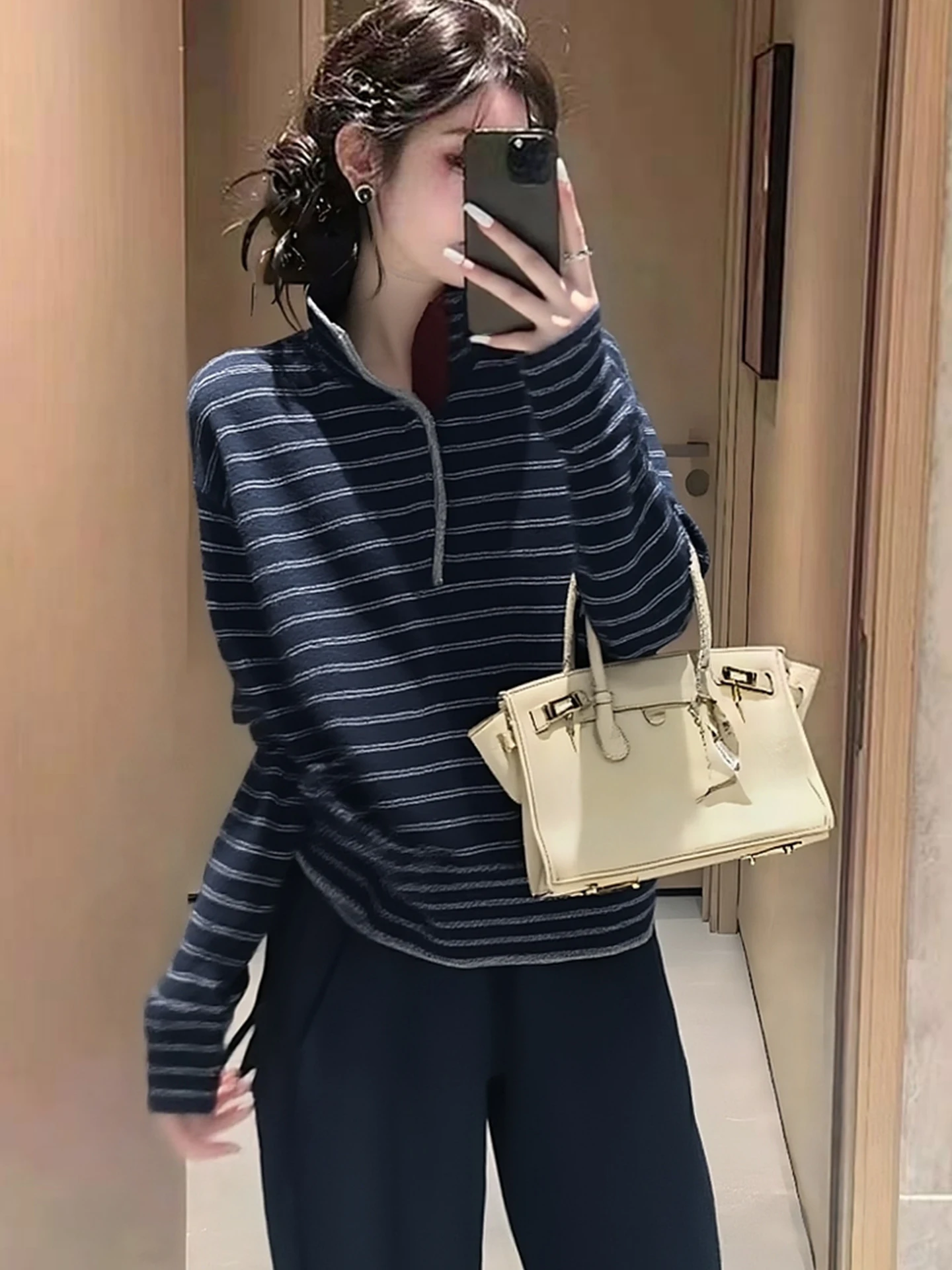 

Korean Design Stripe Long Sve Stand Collar f Zip Knitted Sweater Women Autumn Winter Slimming Versatile Elely Sli...