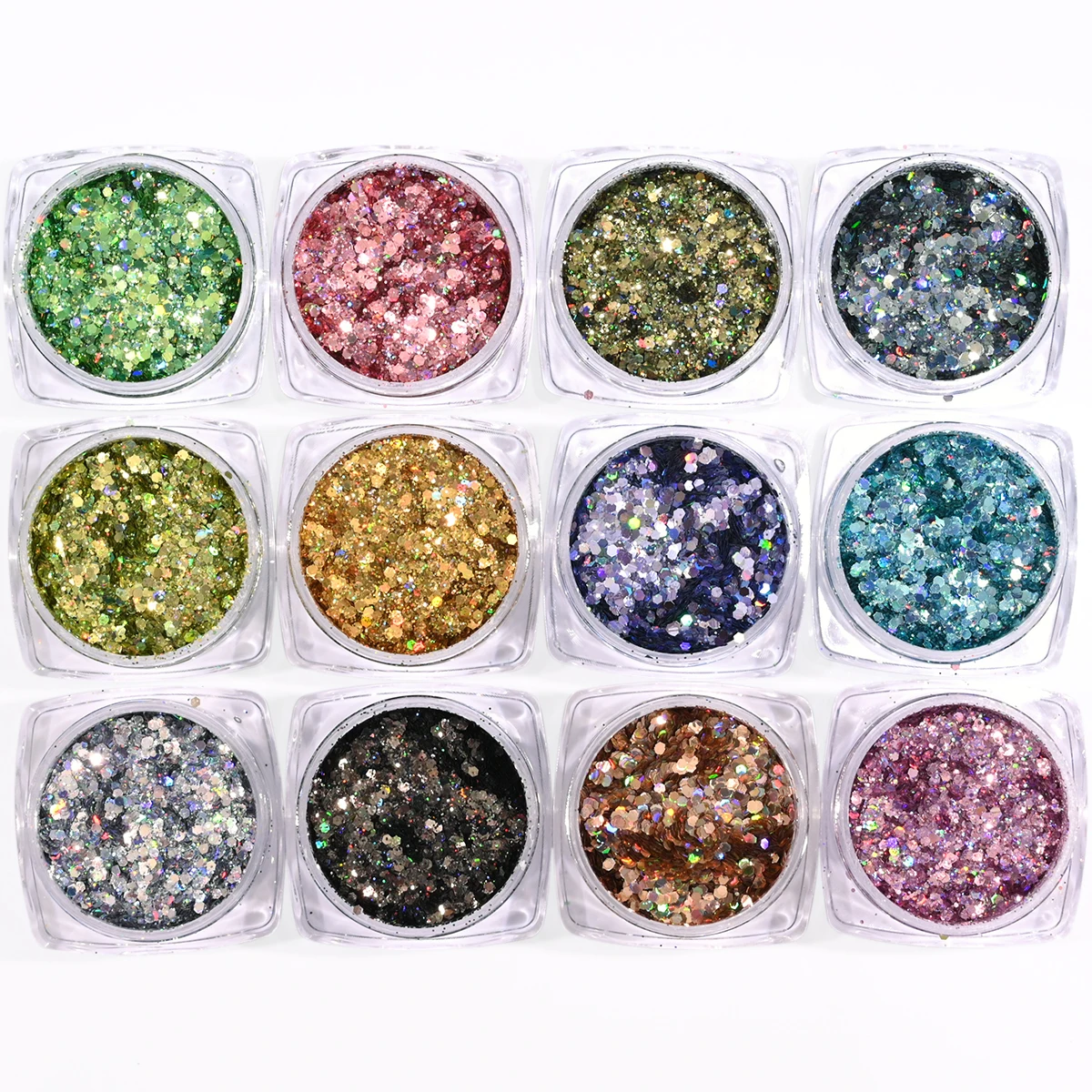 Ensemble de paillettes holographiques irisées pour ongles, mélange hexagonal, poudre d'art d'ongle, vernis gel, accessoires de manucure, 12 boîtes