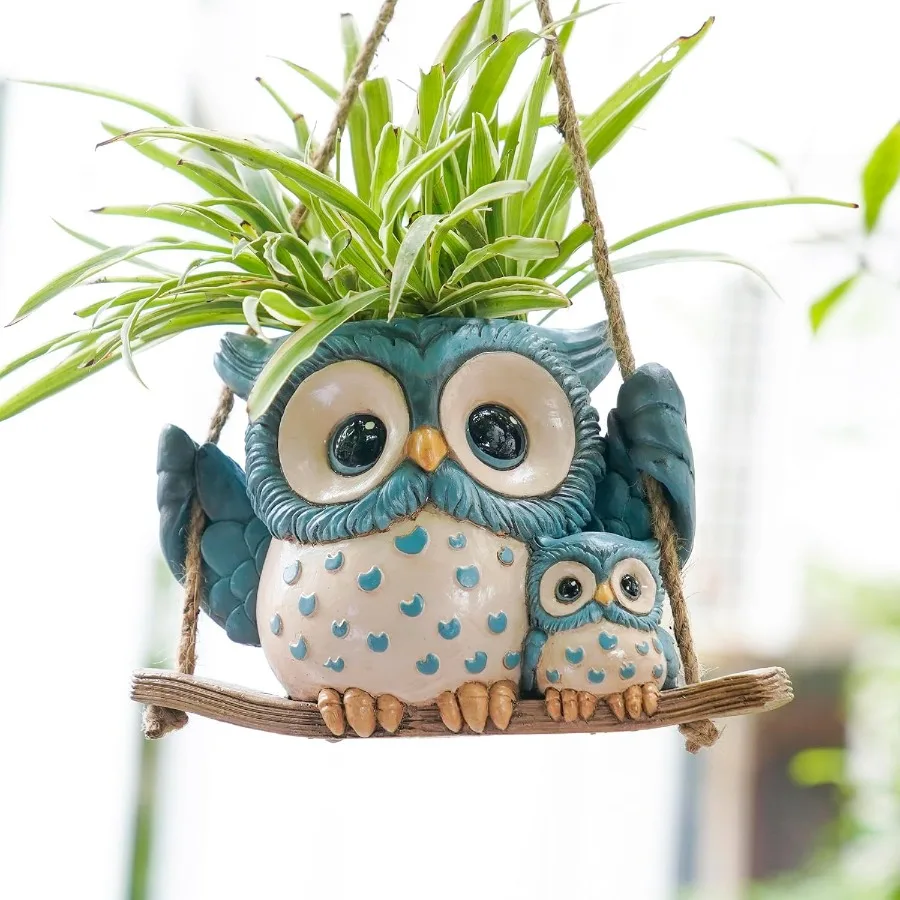 

Swing Owl Hanging Planters for Indoor Plants Cute Small Succulent Pots with Drainage Hole Unique Resin Plant Hangers Outdoor Ha