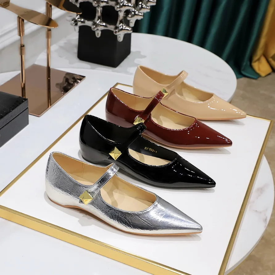 

Flat Shoes for Women 2025 Spring Autumn New Pointed Toe Patent Leather Women's Shoes Willow Nail Metal Ladies Shoe zapatos mujer