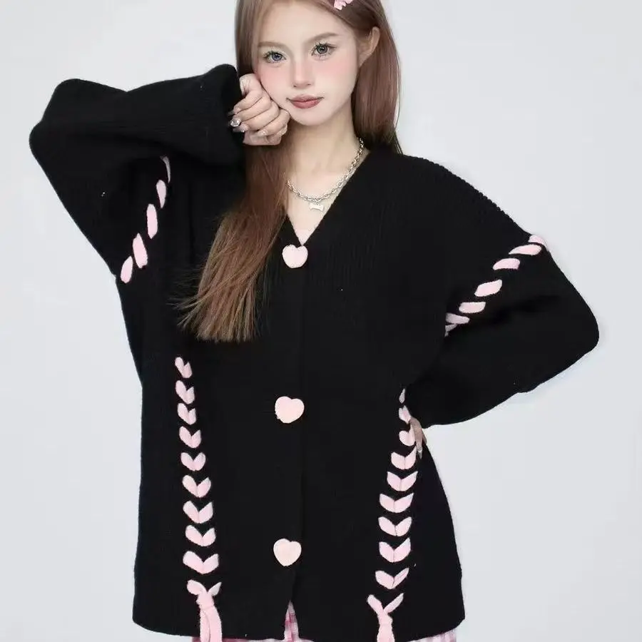 

Y2k Harajuku Sweet Sweater Long Sleeve Women Casual Y2k Patchwork Pullover V-Neck Button Spring Autumn 2025 New Arrival