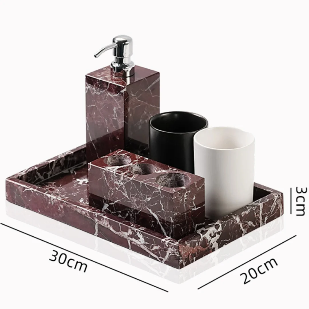 Luxury Natural Marble Rosa Levanto Bathroom Set for Home Decor Toothbrush Holder Mouthwash Cup Storage Tray Soap Dispenser