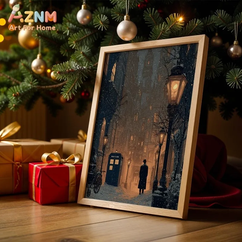 Vintage Snowy London Street Canvas Wall Art Retro Victorian City Scene Street Lamp Art Home Wall Print Unframed Canvas Poster