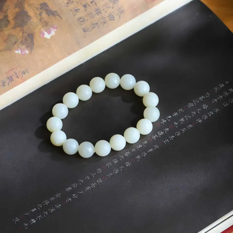 Natural Hetian Corn Da Material Sheep Fat Grade White Beads Round Smooth Jade Bracelet