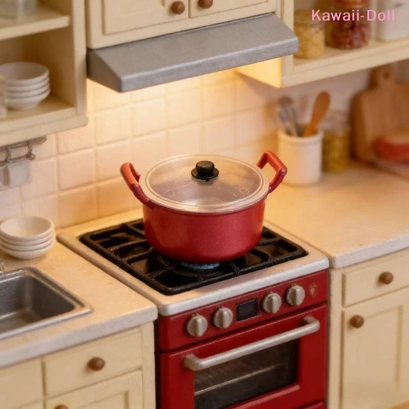 

[DO]Dollhouse Mini Double Ear Red Soup Pot With Lid Kitchen Utensil Cooking Ware Play Kitchen Toy Doll House Accessories[DO]