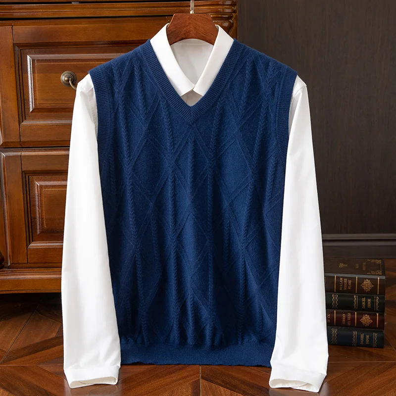 2024 new autumn and winter men's 100% pure cashmere vest, V-neck, fashionable, casual, pullover vest