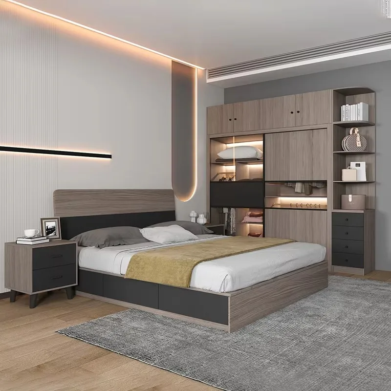 Juego de Dormitorio de Madera de Diseño Moderno, Cómoda Vintage, Juego de Dormitorio Tipo Loft con Cama Queen Size, Cama Matrimonial Doble Confortable