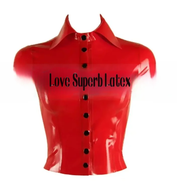 

Natural Transparent Black /Red Latex Woman Short Sleeve Top Gummi Slim Shirts with Front Button Rubber Tight Fitted Shirt
