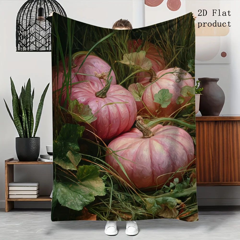 

1pc Heavyweight Flannel Blanket - Pink Pumpkin Garden Oil Painting Design - Soft Warm Throw for Couch, Bed, Camping, Travel