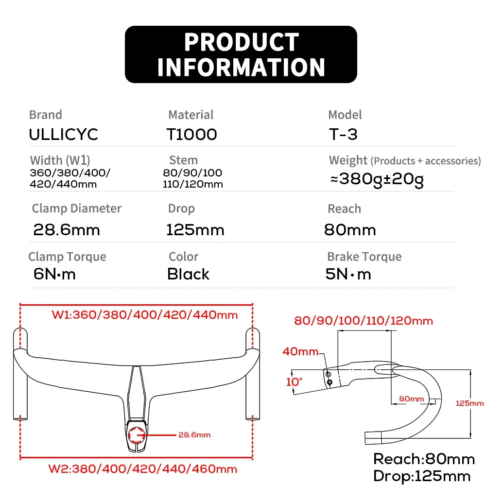 ULLICYC T3 جميع ألياف الكربون المتكاملة الانحناء مقبض كابل داخلي التوجيه للدراجات الطريق ، القطر 28.6 ، العرض 401-500mm #3