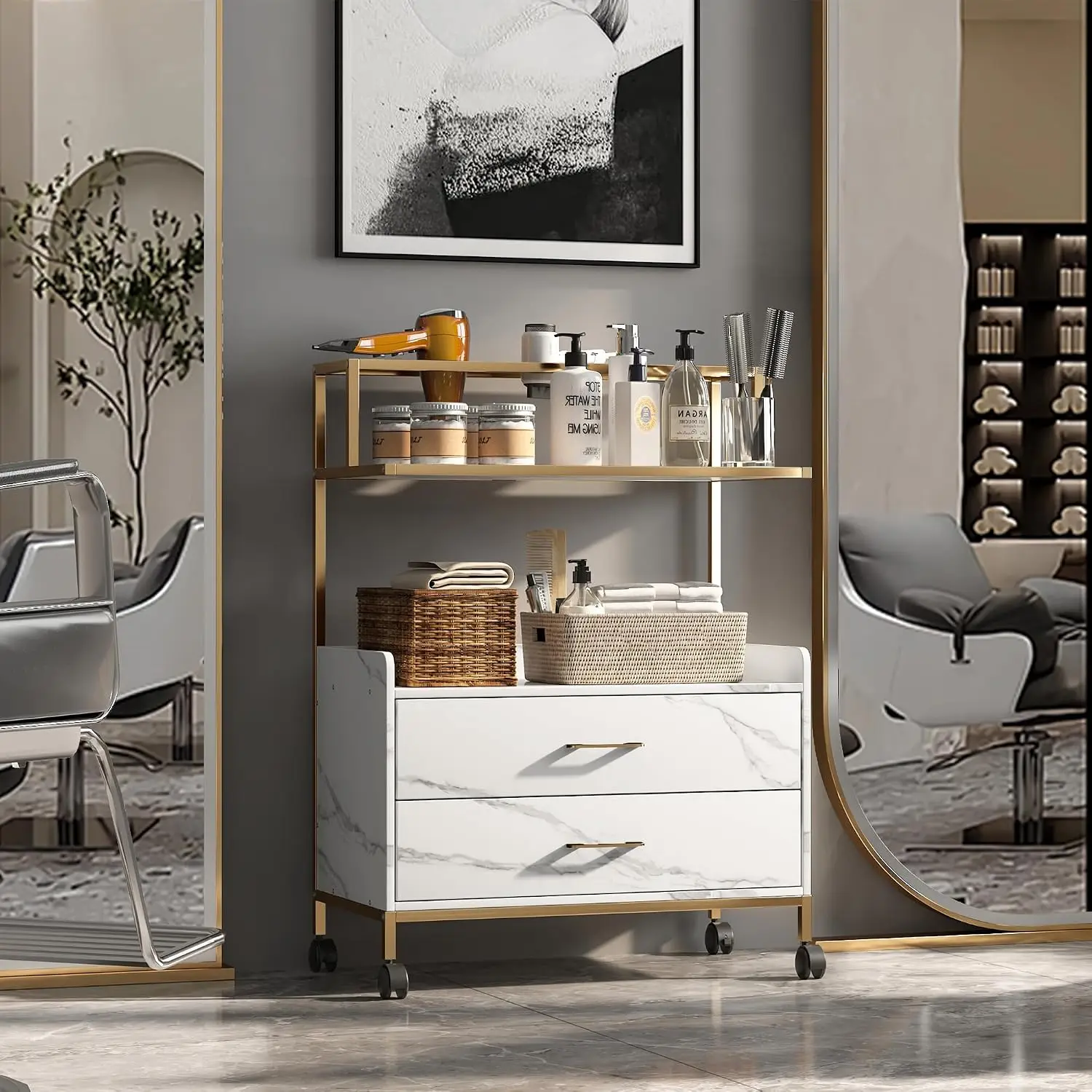 Marble Gold Barber Cart Salon Rolling Trolley Lockable Wheels