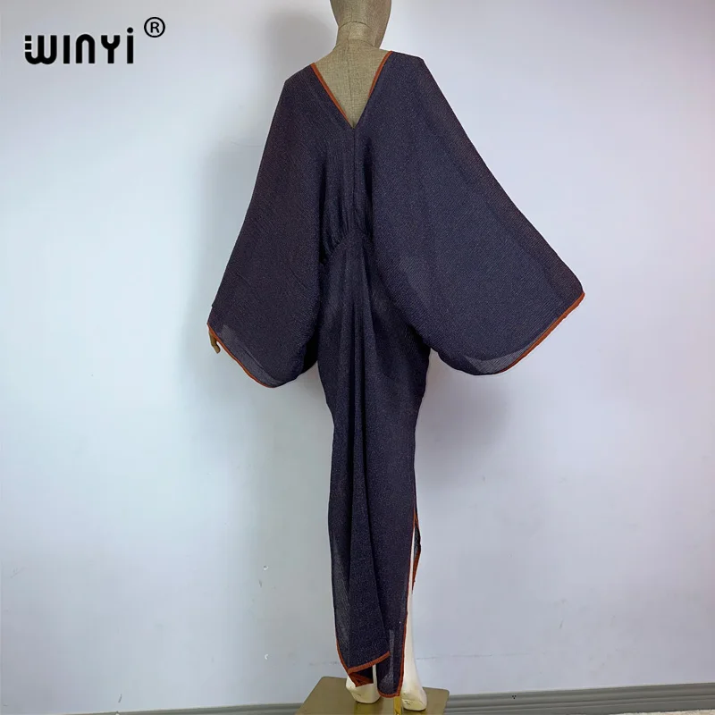 WINYI 2023 Solid color pleated edge deep V sexy maxi long dress Women batwing Sleeve holiday elegant evening dress fashion robes