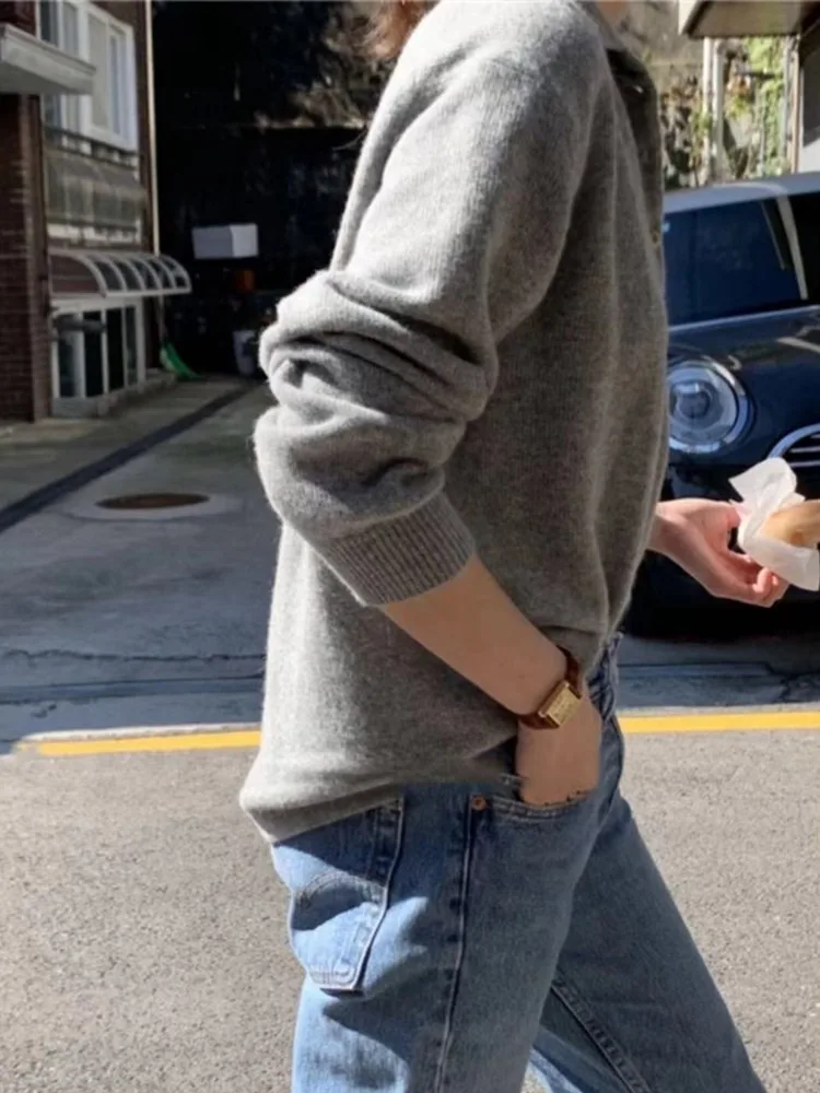 French vintage POLO neck cashmere sweater women's autumn and winter loose all-match gray sweater casual fleece