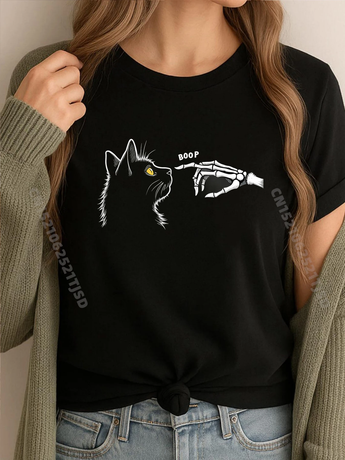 

Cat Skeleton Hand Boop Halloween New T Shirt Oversize Man Korean