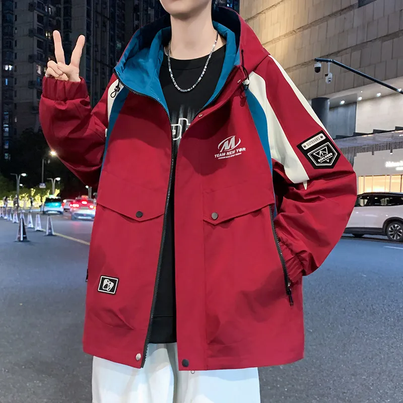 

Весенняя модная куртка с капюшоном в стиле колор-блок для молодежи, повседневная, для активного отдыха, рабочая, с длинным рукавом, из полиэстера, мужская верхняя одежда