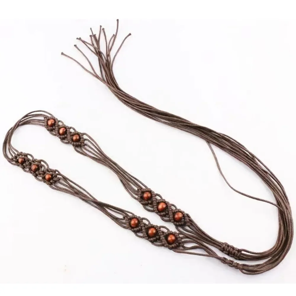 Woven Cord Belt Skinny white belt for women with wooden beads