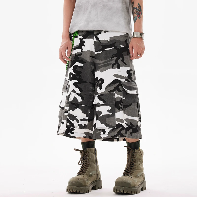 PFNW Multi Pocket Camouflage Male Cargo Short Pants Street American Style Loose Vintage Wide Leg Bottom Autumn Fashion 28W4380