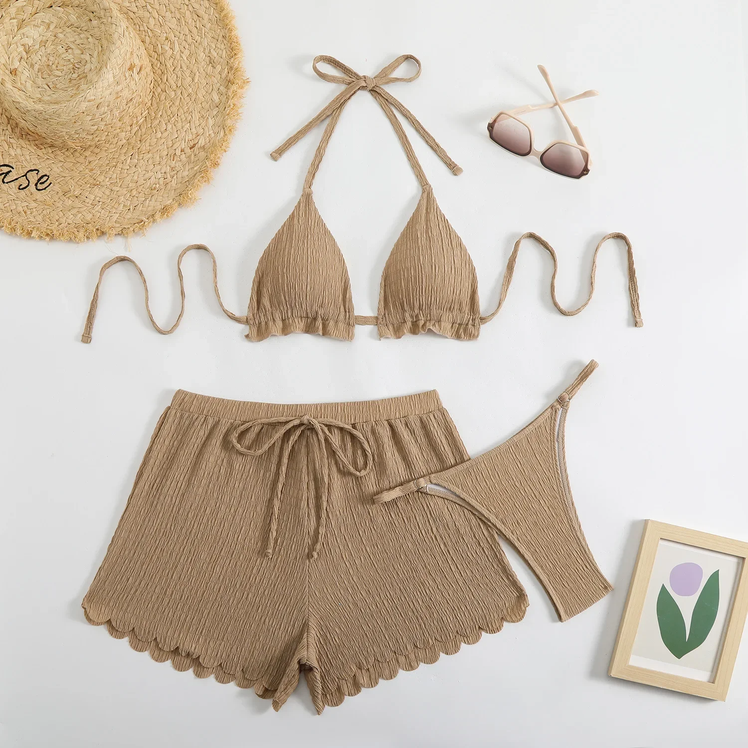 

Sexy Brown White Bikini 2025 Women Three Pieces Swimsuit Brazilian Swimwear Female Beachwear Thong Bathing Suit Shorts Trunks
