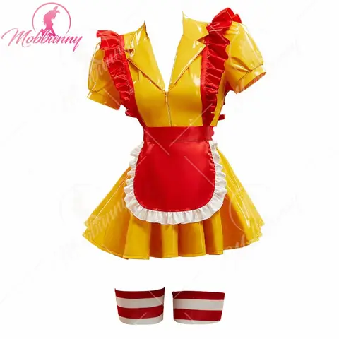 Mobbunny Women's Sexy Lingerie Maid Uniform Set Waitress Yellow Dress with Red Apron and Hat Halloween Cosplay Costume